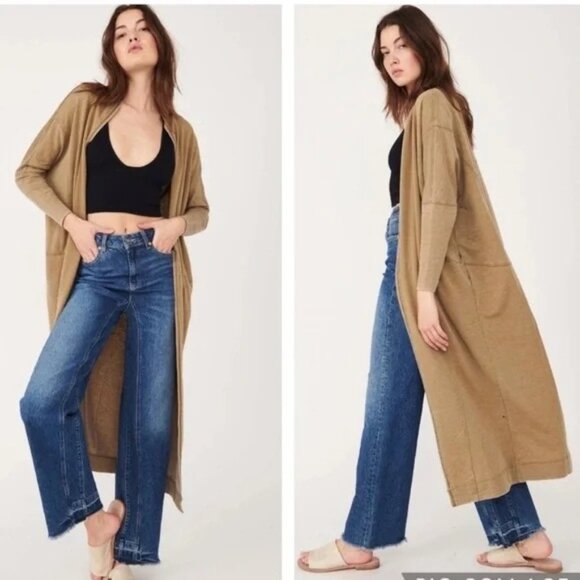 Intimatley Free People Cozy Cool Girl Long Line Cardigan Beige Tan - Picture 1 of 9